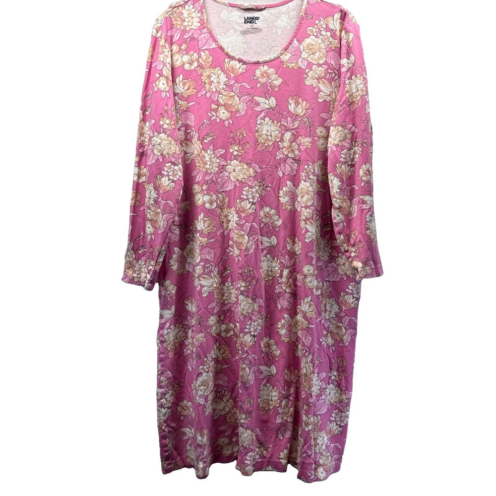 Lands End Women's Dress Size Large Petite PL Pink Floral 3/4 Sleeves Pullover